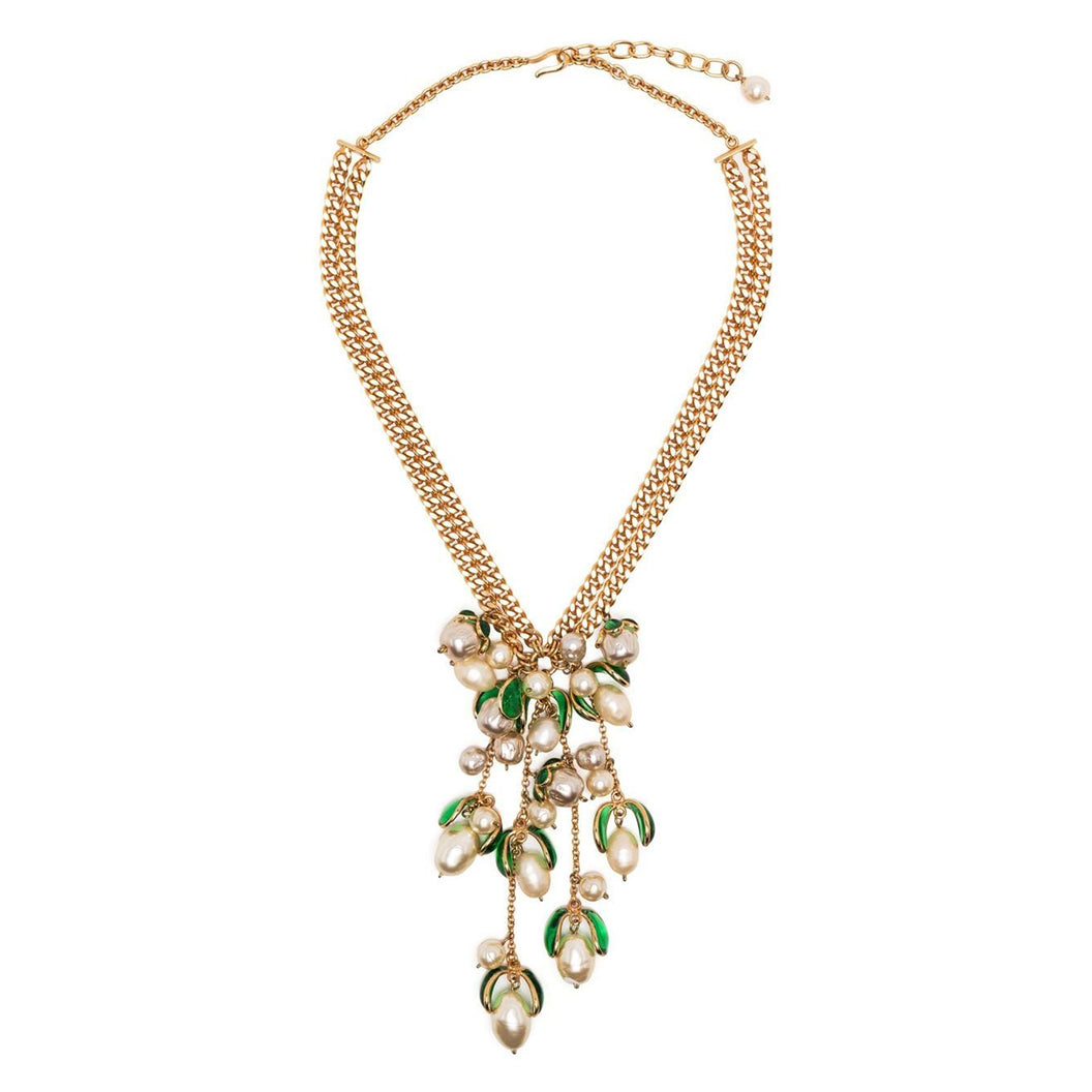 Green petal pendant necklace by Vintage Finds featuring a delicate, vintage-inspired design with amethyst and glass beads.