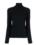 Black lace-panelled turtleneck jumper from Other Designers, showcasing the intricate lace details and classic knit style.