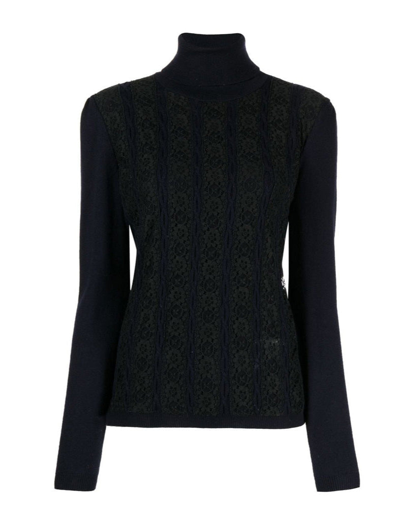 Black lace-panelled turtleneck jumper from Other Designers, showcasing the intricate lace details and classic knit style.