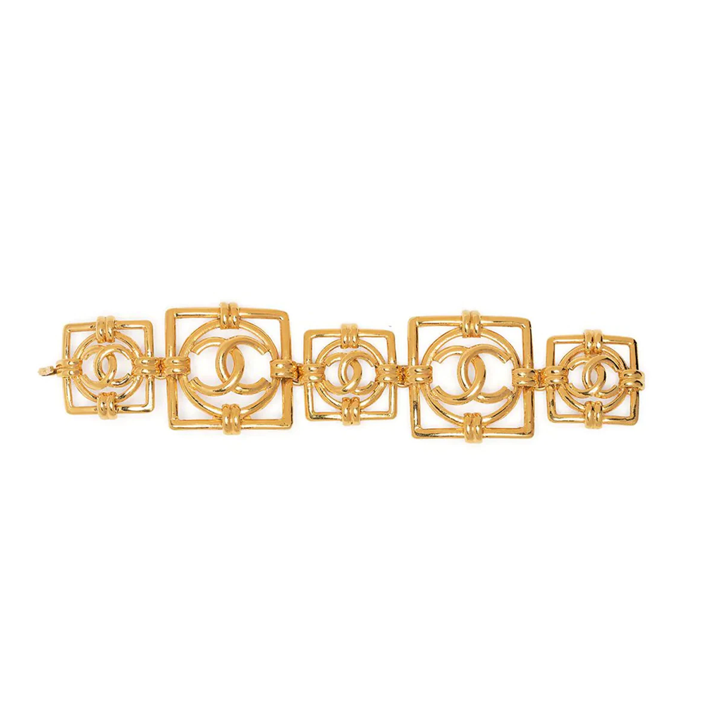 Chanel Square Logo Bracelet featuring a sleek metal band with a prominent square logo emblem for elegant accessory style