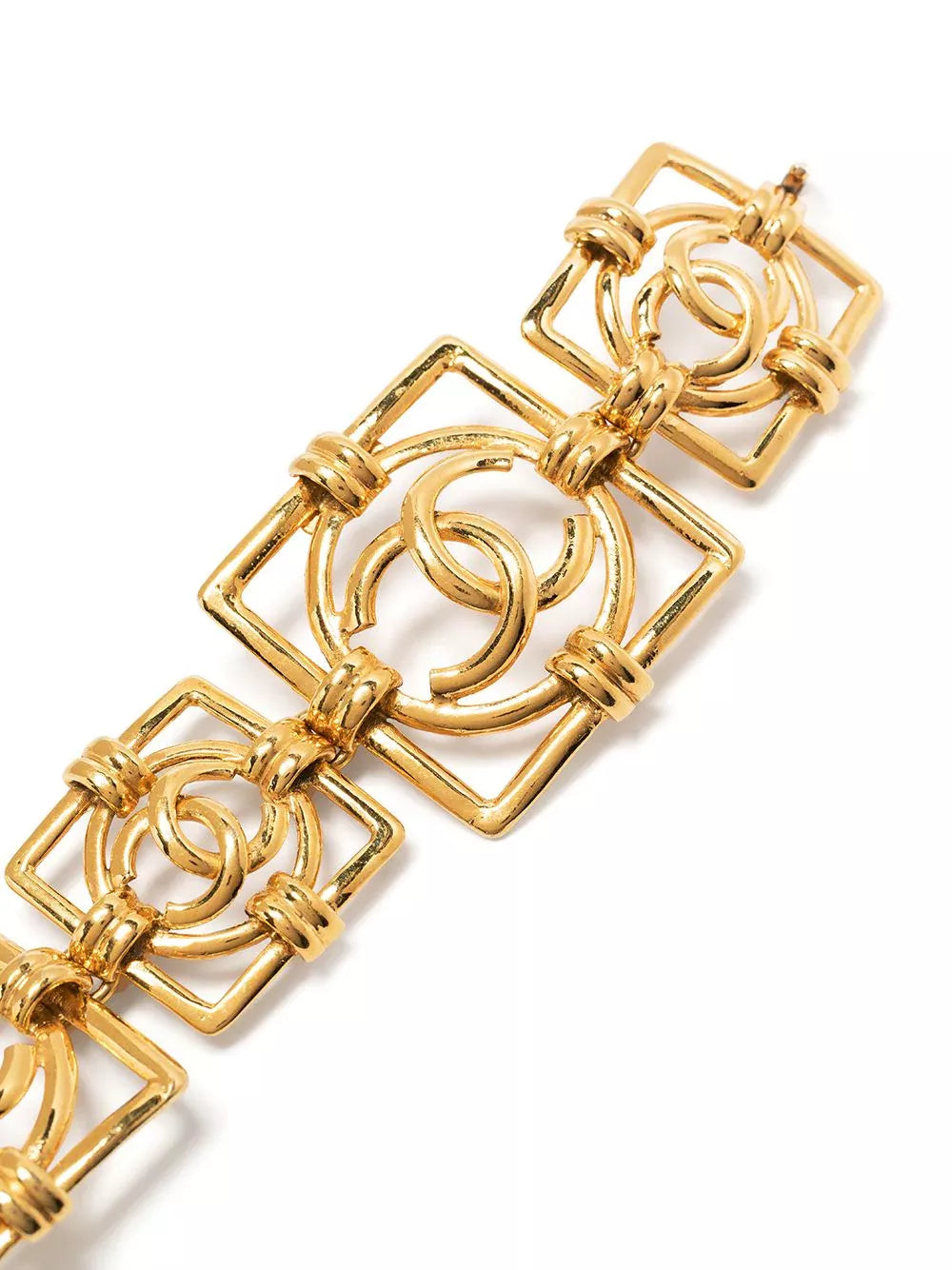 Gold Chanel Square Logo Bracelet with CC square motif, stylish jewelry accessory featuring a sleek design.