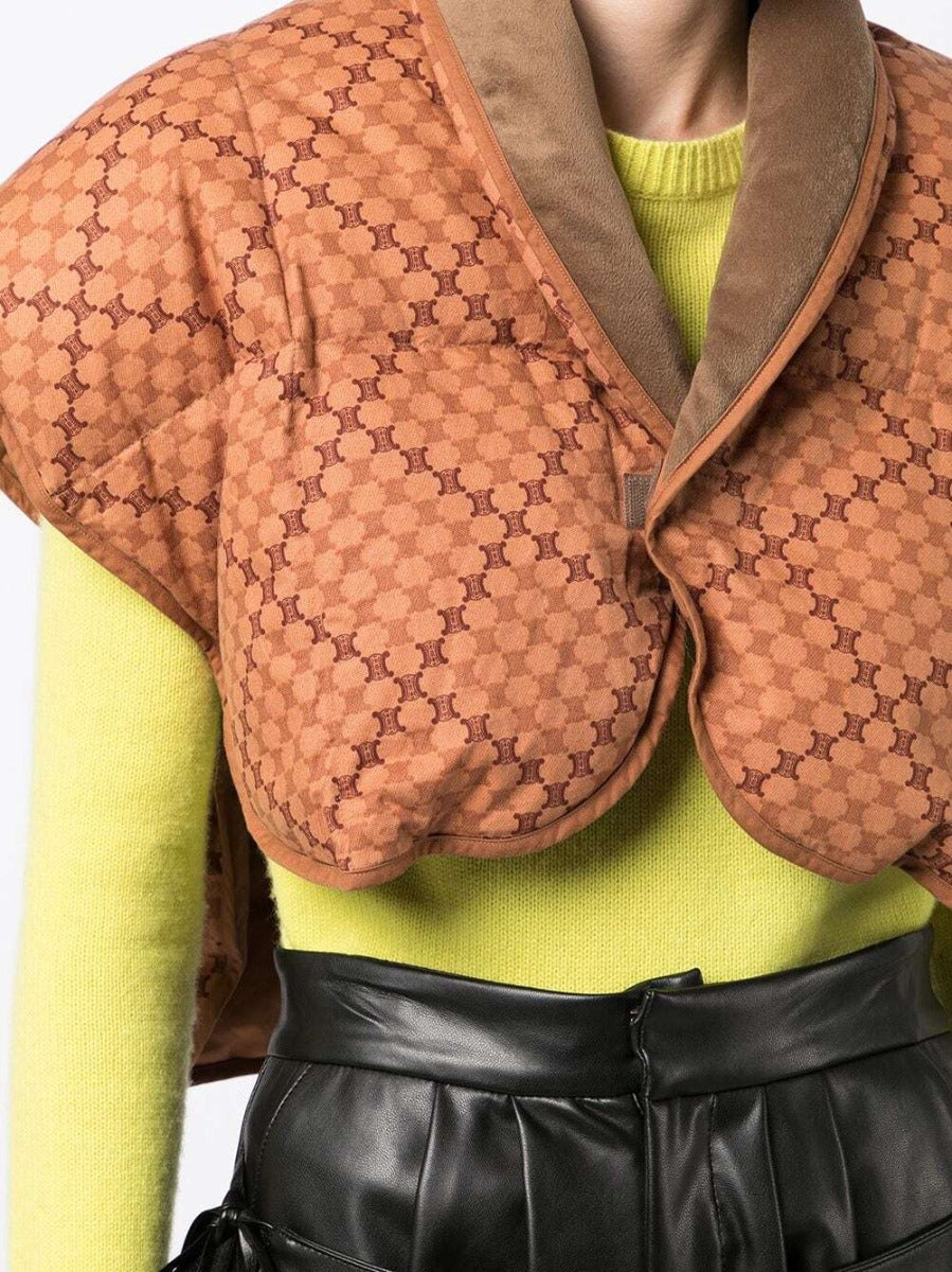 Celine cropped padded plaid jacket with a bolero-style design, featuring a stylish checkered pattern and tailored fit.