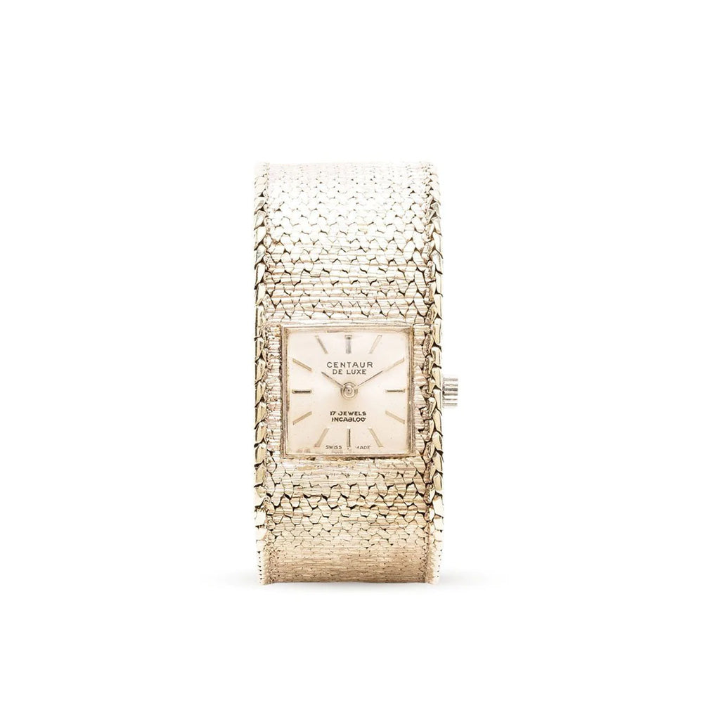 Vintage Finds Centaur De Luxe gold bracelet watch with classic design and elegant dial, showcasing a luxurious timepiece.