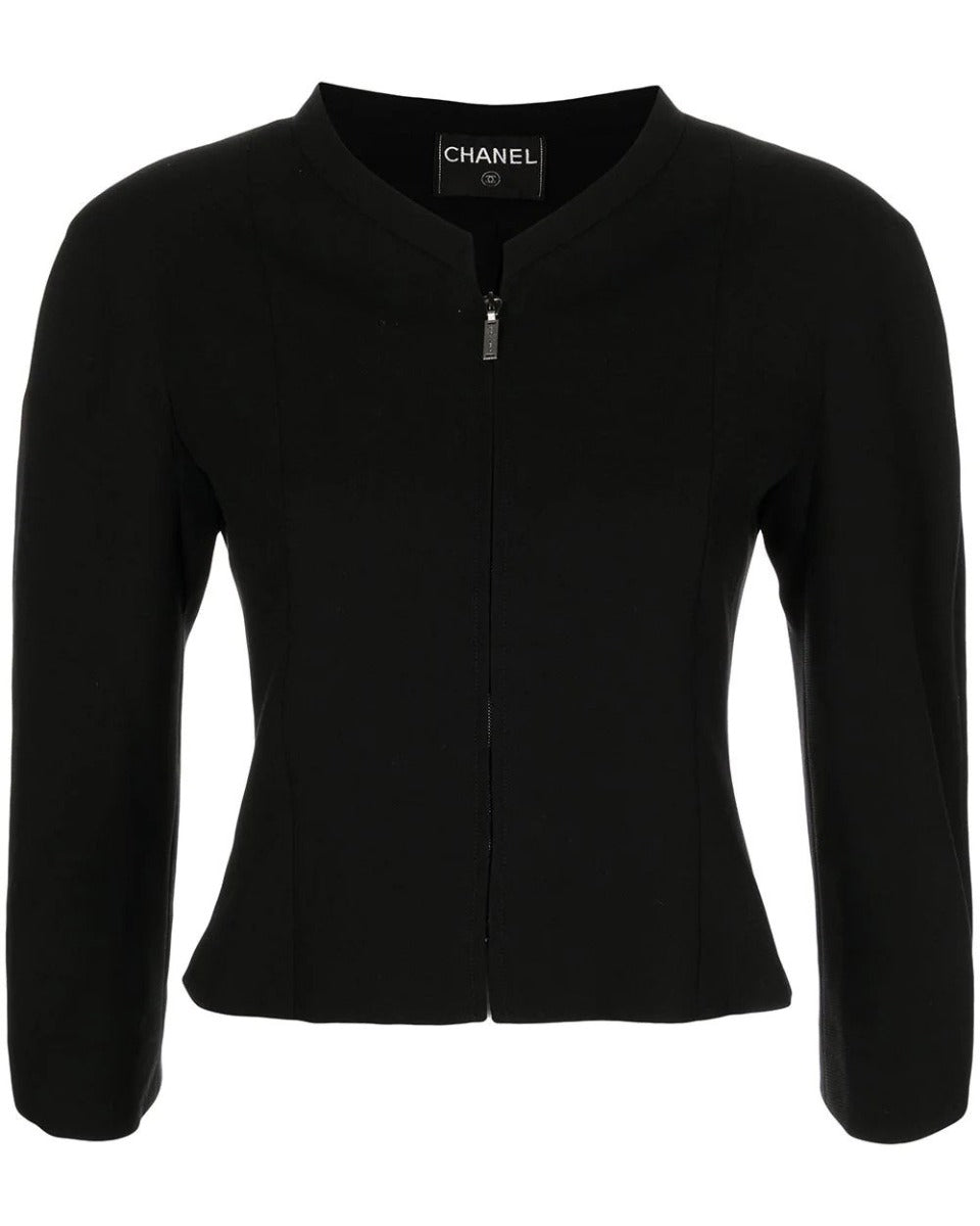 Chanel cropped zip-up jacket featuring a sleek design, visible zipper, and tailored fit in a stylish blazer and jacket style.