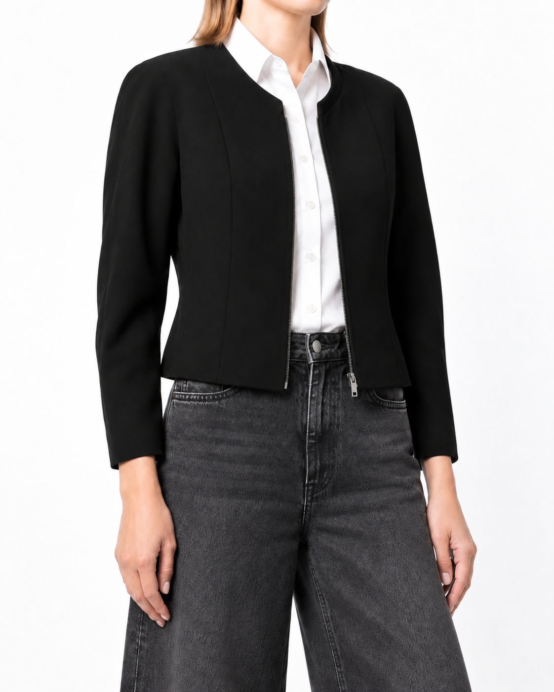 Chanel cropped zip-up jacket, front view, stylish blazer with a fitted design and zip closure, perfect for casual and chic looks.