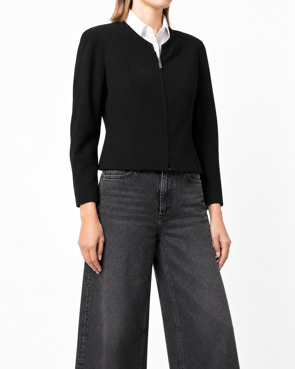 Chanel cropped zip-up jacket, blazer style with front zipper and fitted design, displayed on a hanger against a plain background.