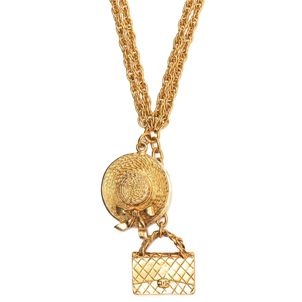 Chanel chain-link bag charm necklace with elegant metal links, designed to add a sophisticated touch to handbags.