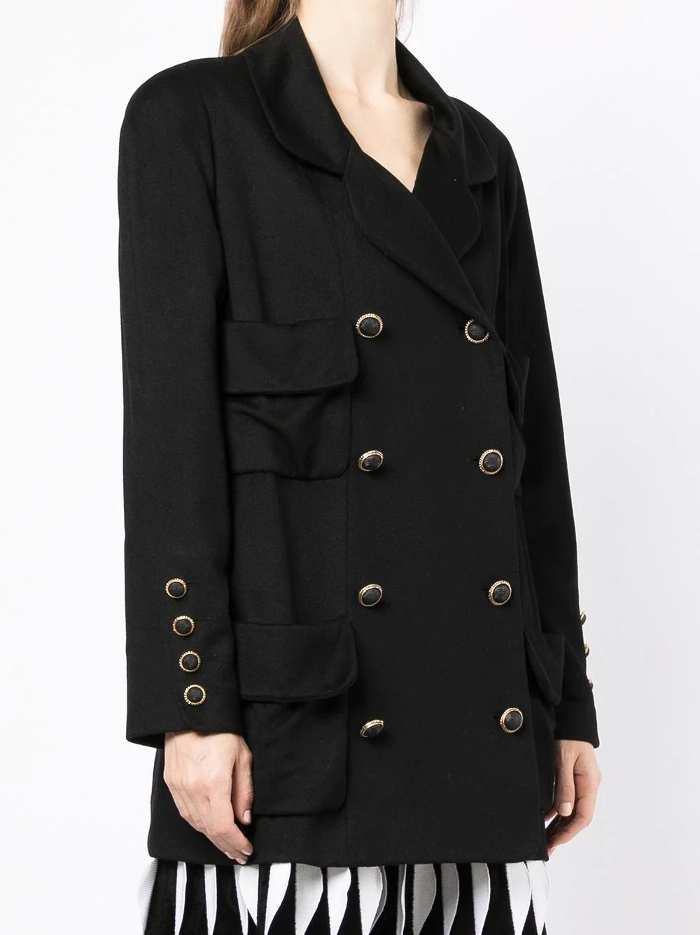 Chanel double-breasted cashmere blazer in classic black with gold buttons, tailored fit, and elegant lapel details.