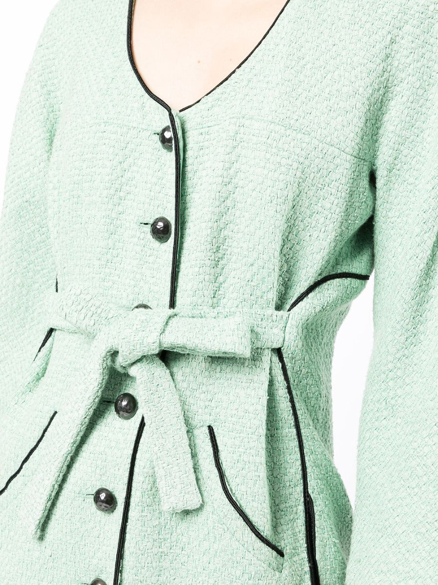 Chanel green belted tweed jacket, stylish blazer with classic textured fabric and waist belt, perfect for sophisticated fashion.