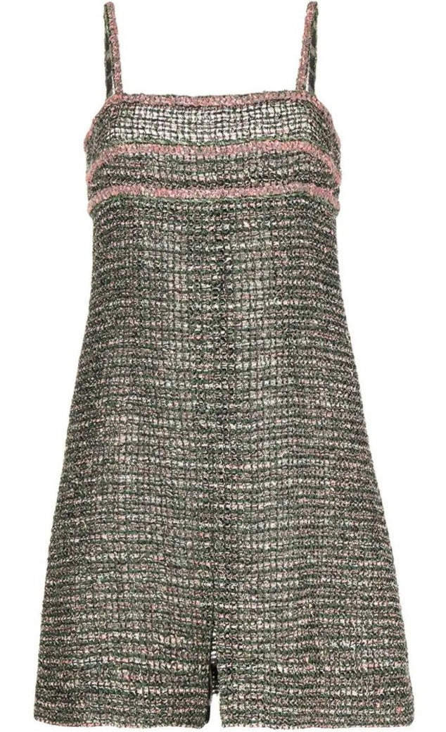Chanel green tweed dress featuring a classic tailored design, with a fitted silhouette and elegant textured fabric.