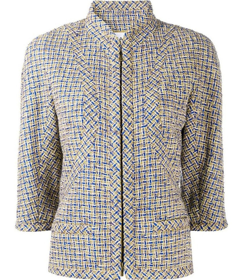 Chanel grey tweed zip jacket with tailored fit and classic collar, perfect for stylish casual or semi-formal wear.