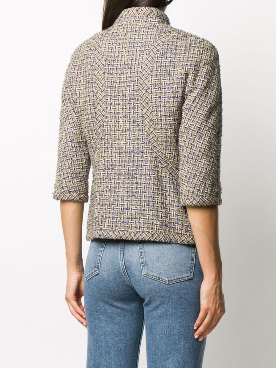 Chanel grey tweed zip jacket, stylish blazer with front zipper, tailored fit, and textured tweed fabric.