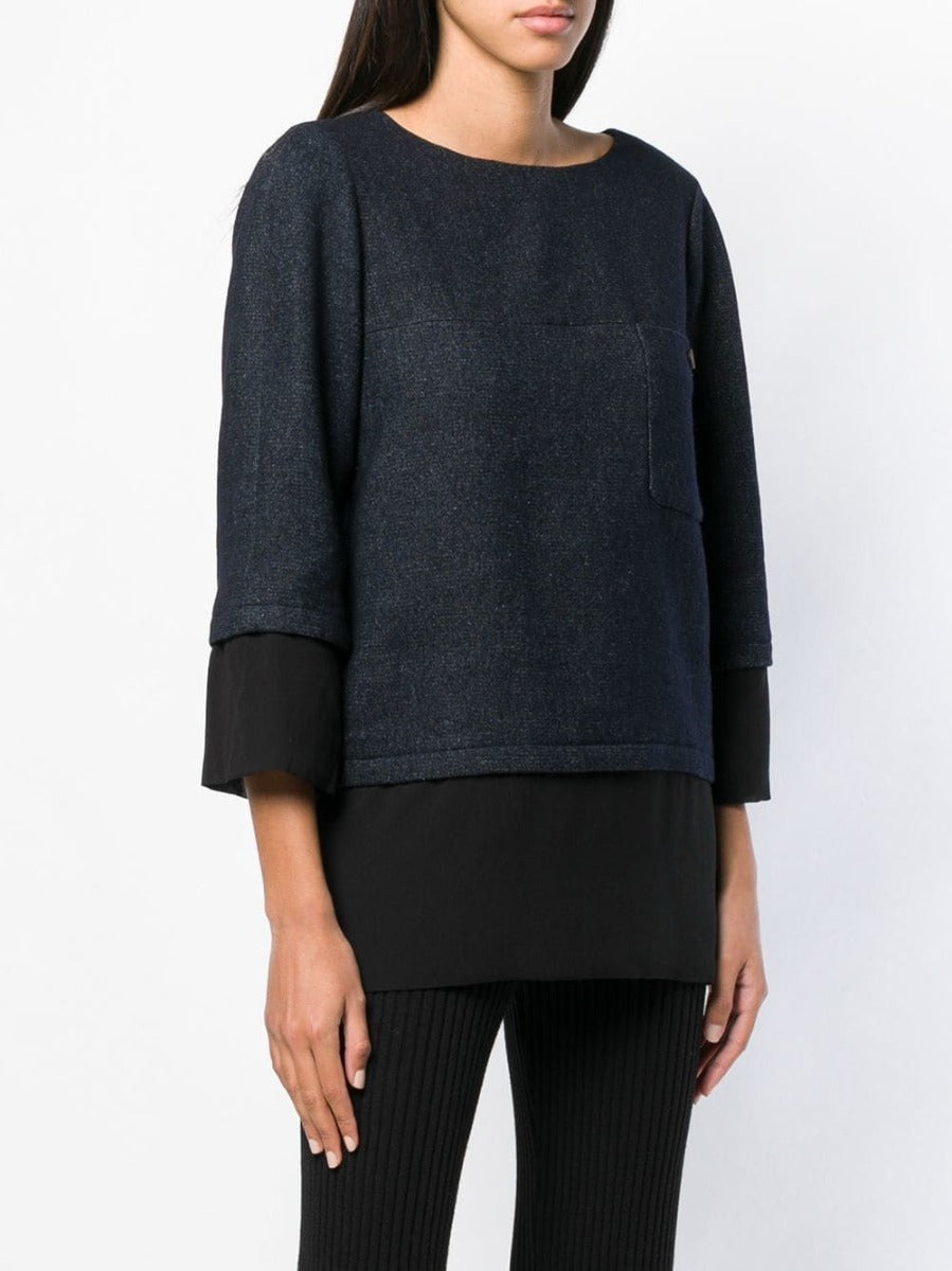 Chanel layered straight blouse featuring a tailored design with multiple fabric layers, stylish and elegant tops for women.