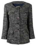 Navy Chanel bouclé tweed blazer with classic tailored fit and textured fabric, stylish for sophisticated outfits.