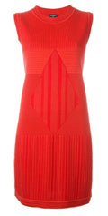 Chanel sleeveless red knit dress displayed on a hanger, showcasing its vibrant color and stylish sleeveless design.