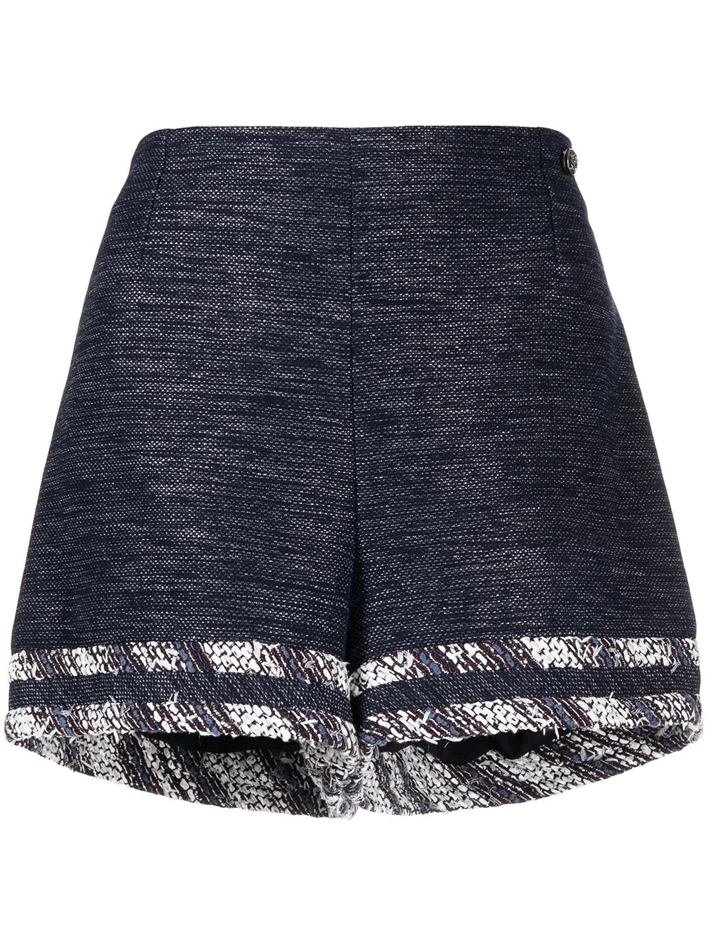 Chanel striped blue tweed shorts with a tailored fit and classic pattern, featuring a high waist and stylish design.