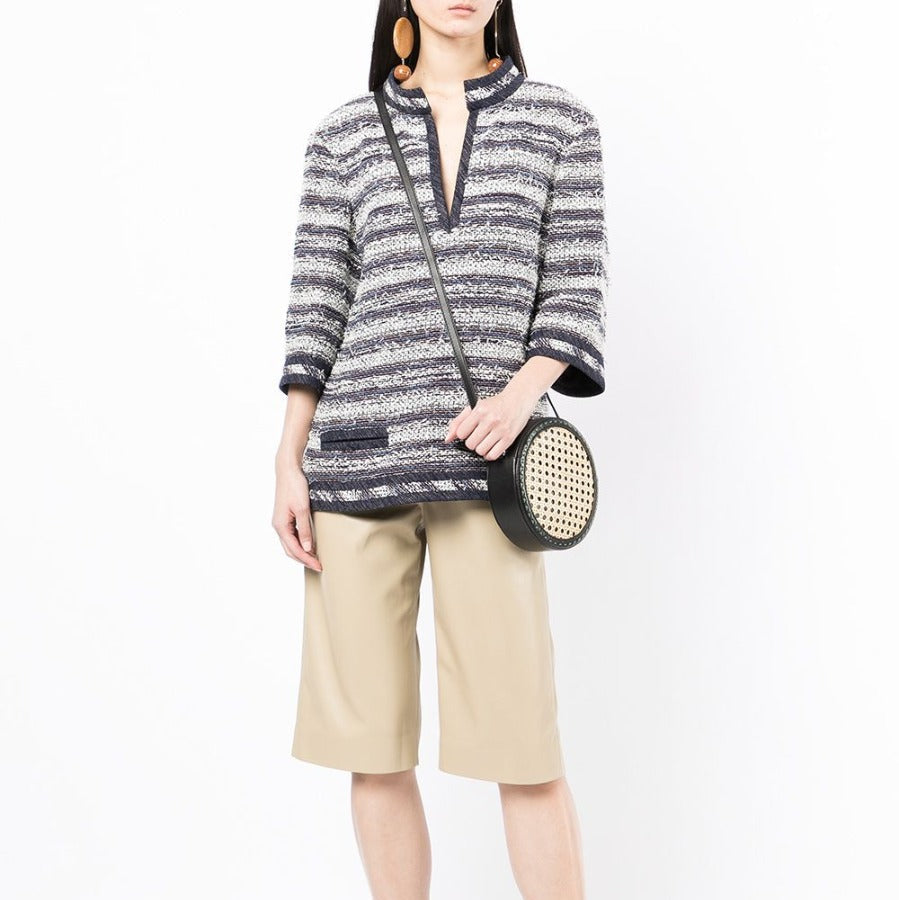 Blue and white striped tweed tunic top by Chanel, featuring classic textured fabric and a stylish, fitted silhouette.