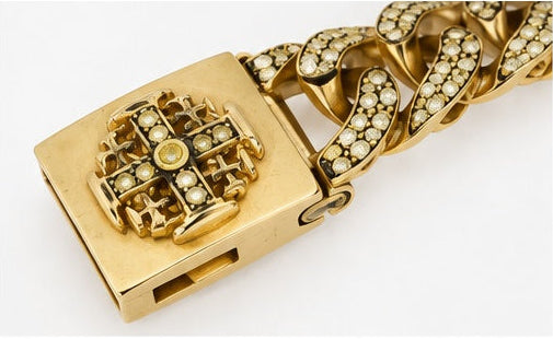 Close-up of the Rolex x Loree Rodkin watch clasp showing intricate metalwork and brand details on the luxury timepiece.