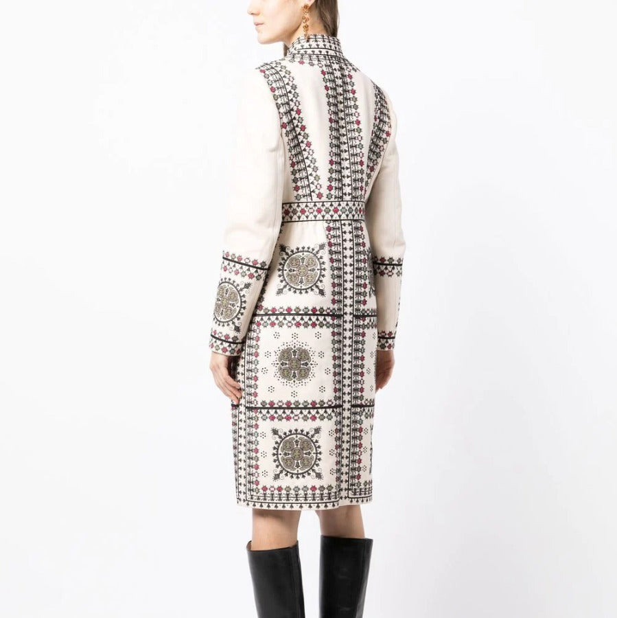 Embroidered high-neck coat from Other Designers, stylish outerwear with detailed embroidery and a high neckline, worn by model.