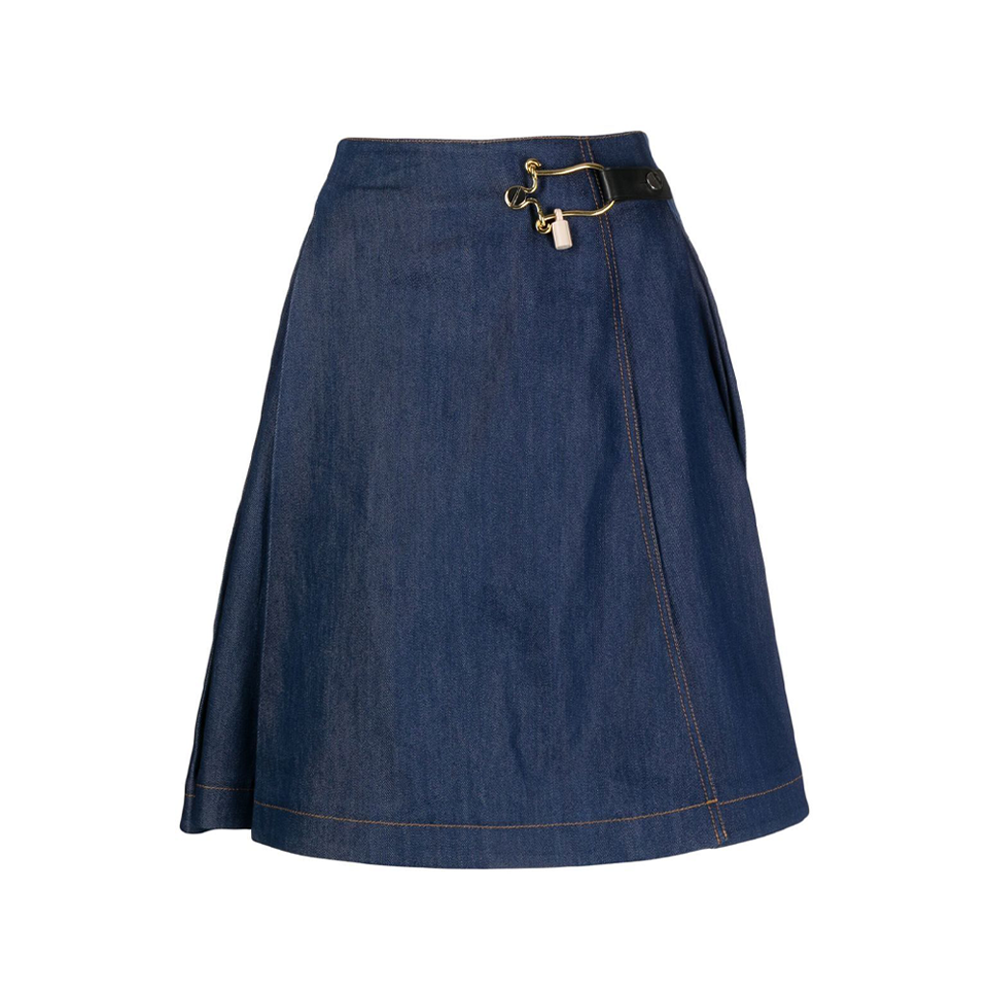 Balenciaga toggle-fastened A-line denim skirt with front buttons and classic blue denim fabric, stylish and versatile for casual wear.
