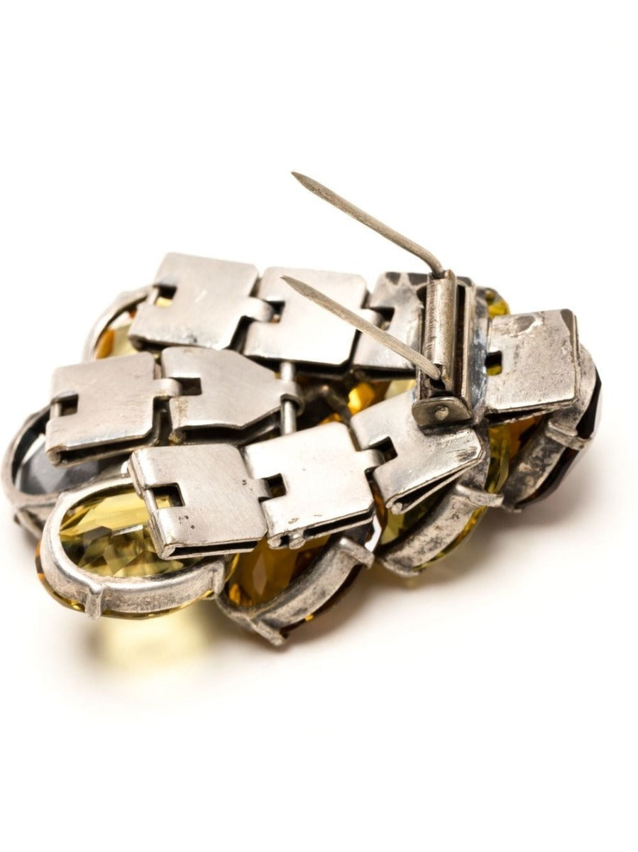 Dior crystal-embellished brooch featuring intricate design and sparkling gemstones, styled as elegant earrings.