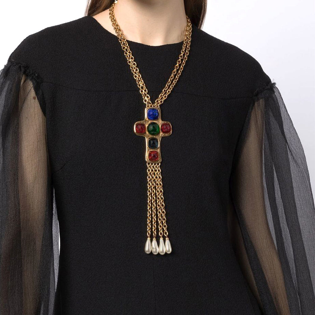 Chanel double-strand cabochon cross motif necklace with elegant design and bold pendant, great for stylish accessorizing.