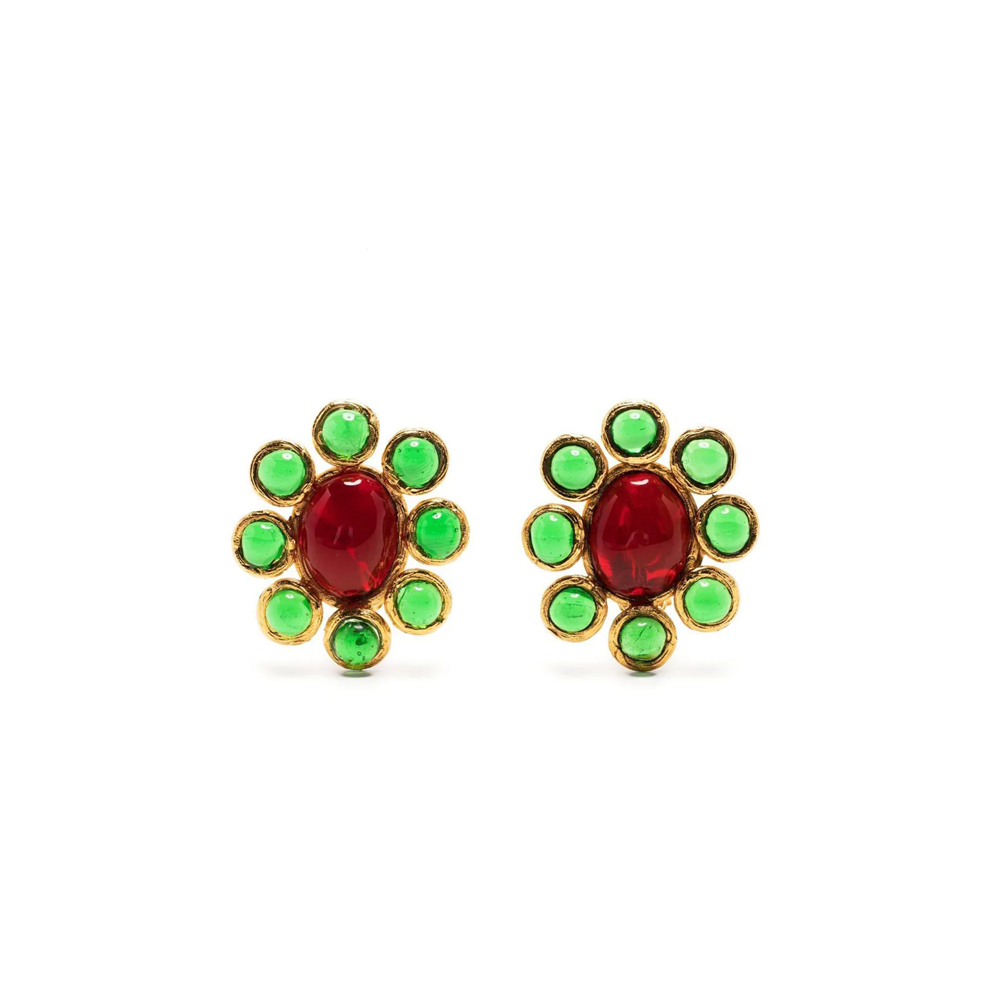 Vintage Finds flower glass cabochon clip-on earrings featuring colorful floral designs and clear glass accents.