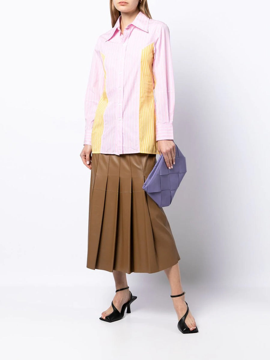 Celine striped long sleeve button-up shirt with vertical black and white stripes, classic collar, and front button closure.