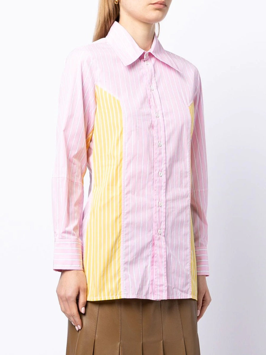 Celine striped long sleeve button-up shirt with vertical black and white stripes, classic collar, and button cuffs.