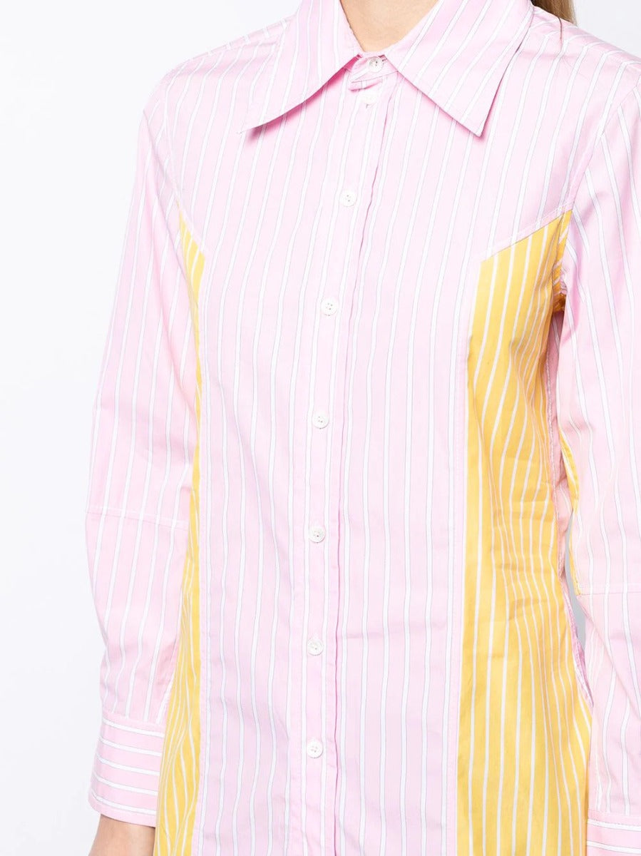 Celine striped long sleeve button-up shirt with vertical black and white stripes, classic collar, and front button closure.