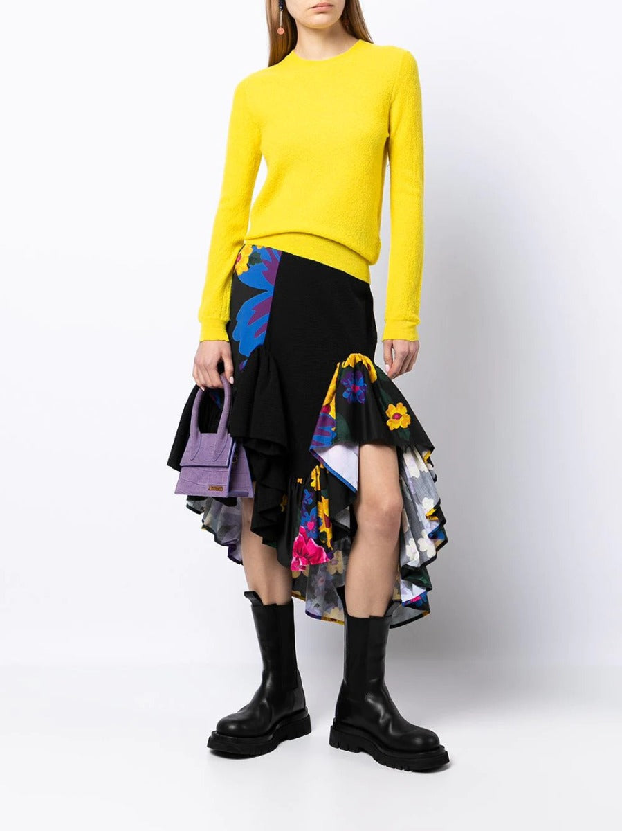 Yellow Celine crewneck knit jumper, cozy knitted top with long sleeves, close-up of fabric and ribbed collar.