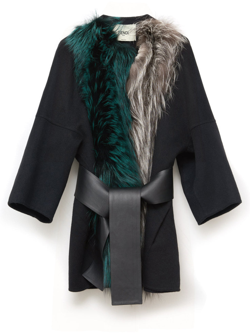 Fendi fur collar coat hanging on a clothing rack, stylish winter outerwear with a plush fur collar and tailored design.