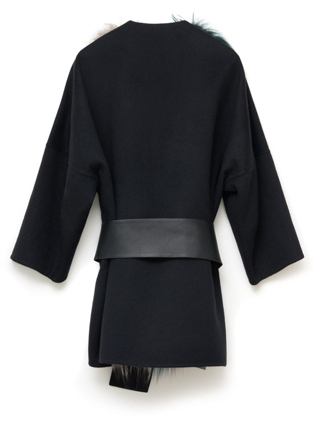 Fendi fur collar coat shown from the back, featuring a stylish coat with a plush fur collar and tailored design.