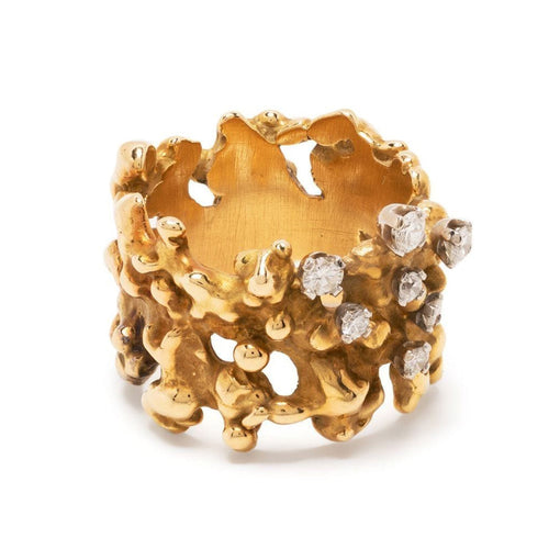 Vintage Finds 1970s gold diamond openwork ring with intricate design and sparkling diamonds, showcasing a retro jewelry style.