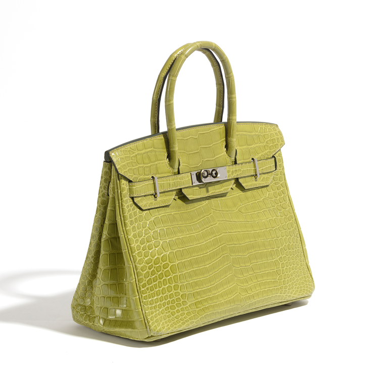 Hermès Birkin 30 Vert Chartreuse PHW top handle bag in vibrant green leather, showcasing its elegant design and gold hardware.