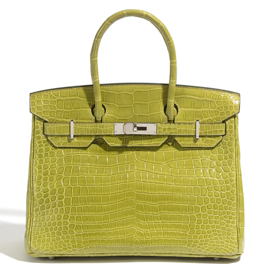 Hermès Birkin 30 Vert Chartreuse PHW top handle bag in green crocodile leather displayed in the image.