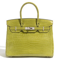 Hermès Birkin 30 Vert Chartreuse PHW top handle bag in green crocodile leather displayed in the image.