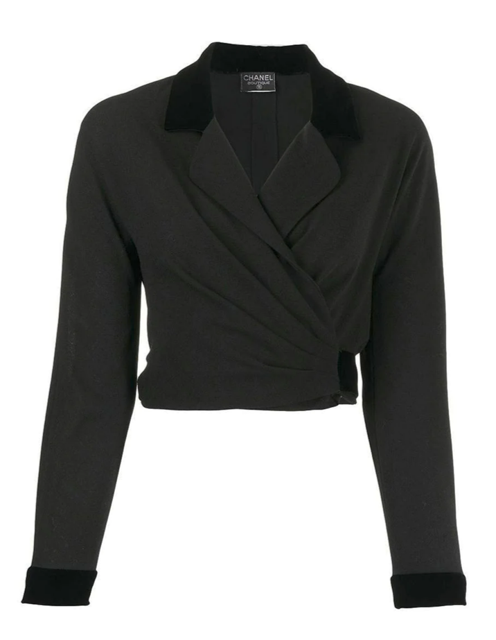 Chanel velvet trim cropped blazer with tailored fit and elegant design, featuring plush velvet accents on the collar and cuffs.