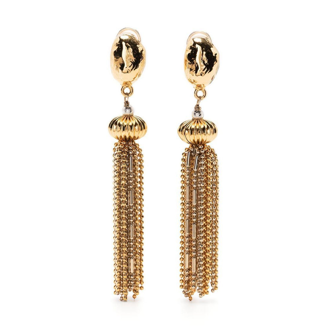 Vintage Finds Goossens gold tangle clip-on earrings with intricate design and polished finish on a plain background.