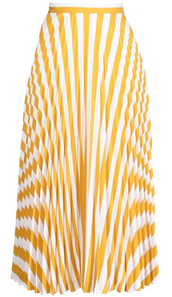 Yellow striped pleated midi skirt from Other Designers, showing the flowy fabric and stylish pleats.