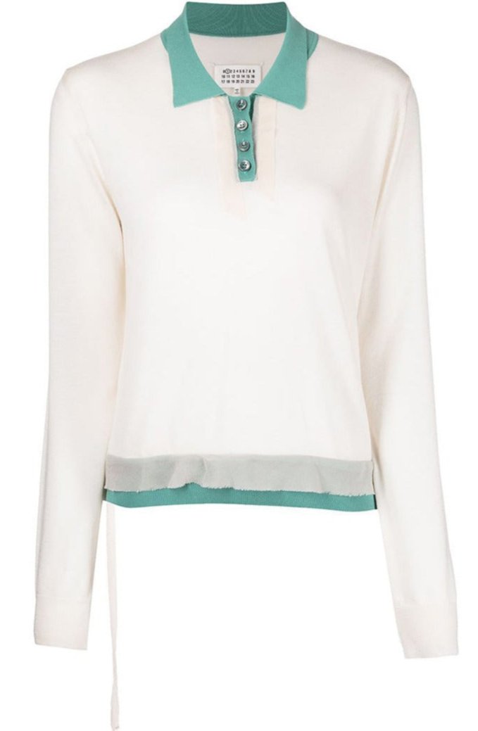 Cream knitted polo sweater by Maison Martin Margiela, stylish tops with a textured knit design.