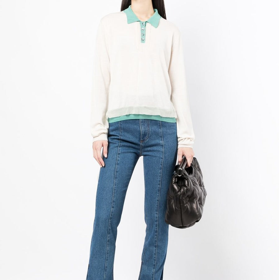 Cream knitted polo sweater from Maison Martin Margiela, stylish knit top with a classic collar and textured design.