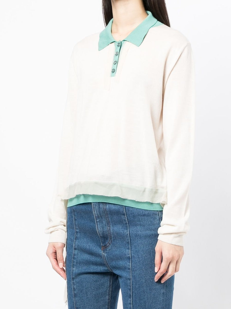 Cream knitted polo sweater by Maison Martin Margiela, soft textured tops with a classic collar and ribbed cuffs.
