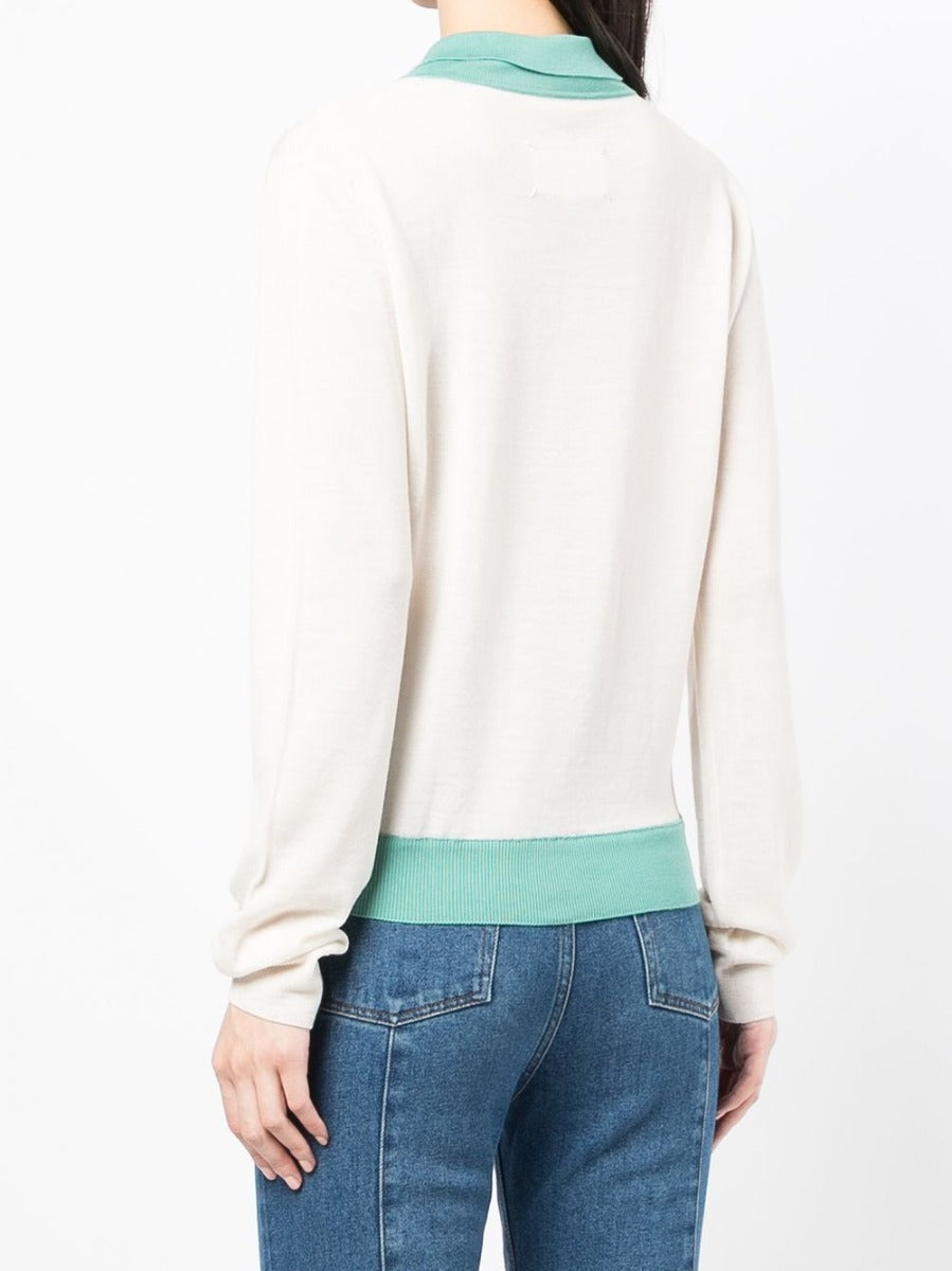Cream knitted polo sweater by Maison Martin Margiela, soft textured tops with a classic collar and button placket.