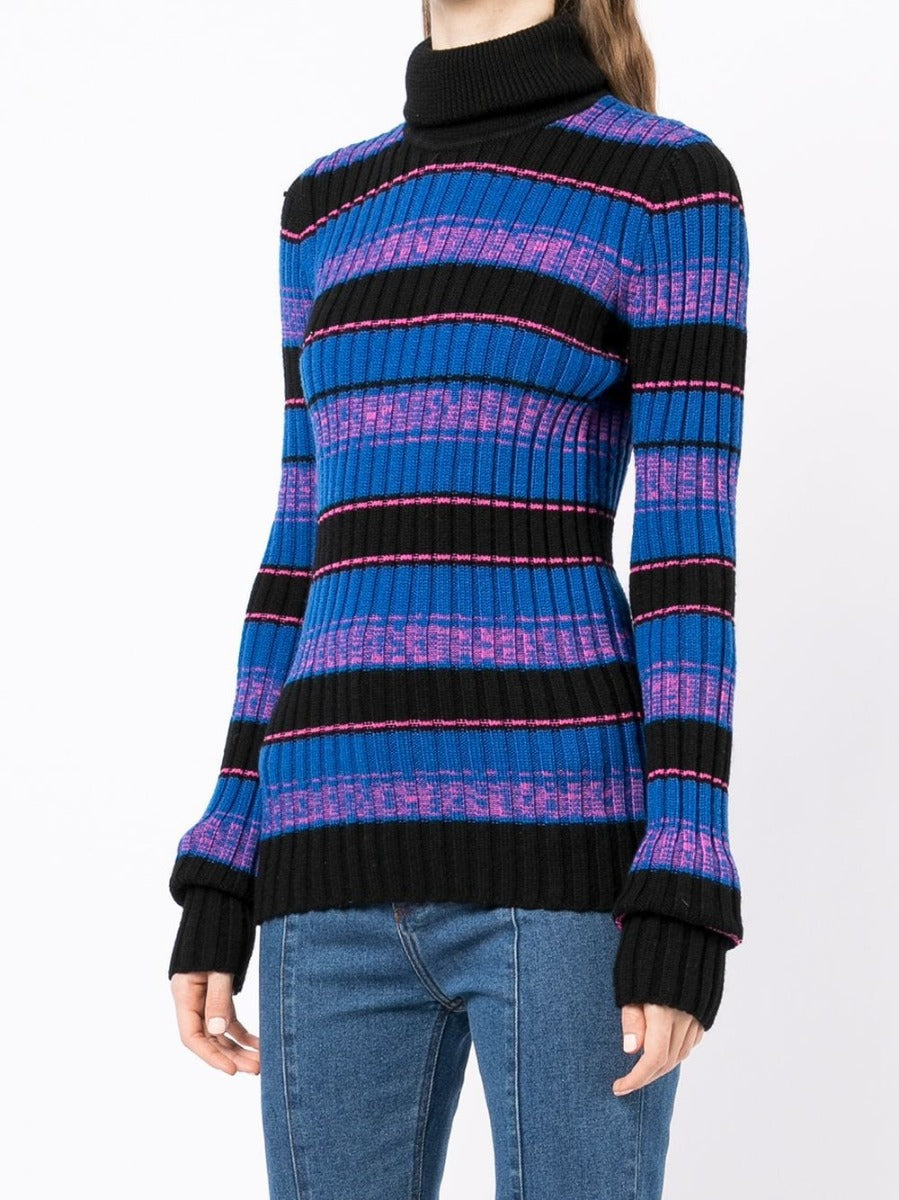 Striped turtleneck ribbed knit jumper by Maison Martin Margiela, casual top with multicolor stripes and textured knit fabric.