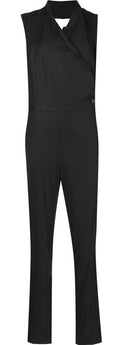 Black sleeveless wrap jumpsuit by Maison Martin Margiela featuring tailored trousers and a stylish wrap design.