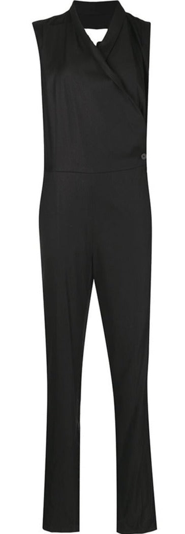 Black sleeveless wrap jumpsuit by Maison Martin Margiela featuring tailored trousers and a stylish wrap design.