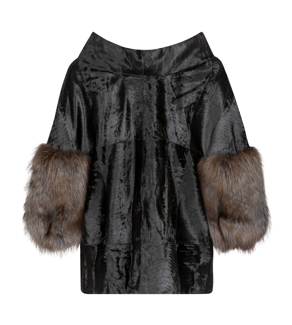 Marni blazer with fur cuffs, stylish long jacket shown from the back, featuring luxurious fur detail and tailored fit.