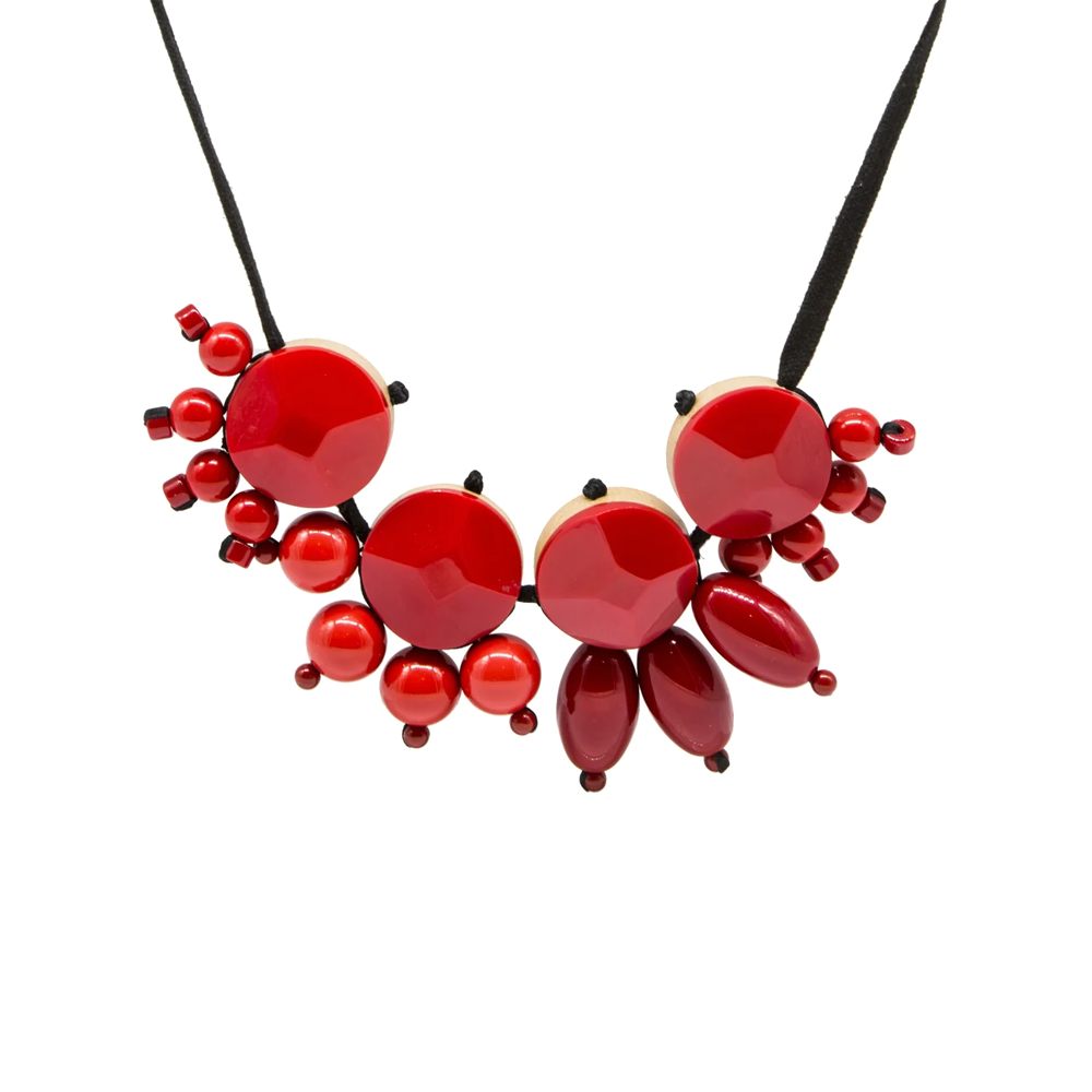Red acrylic pendant necklace with a sleek, modern design from Other Designers, shown on a plain background.