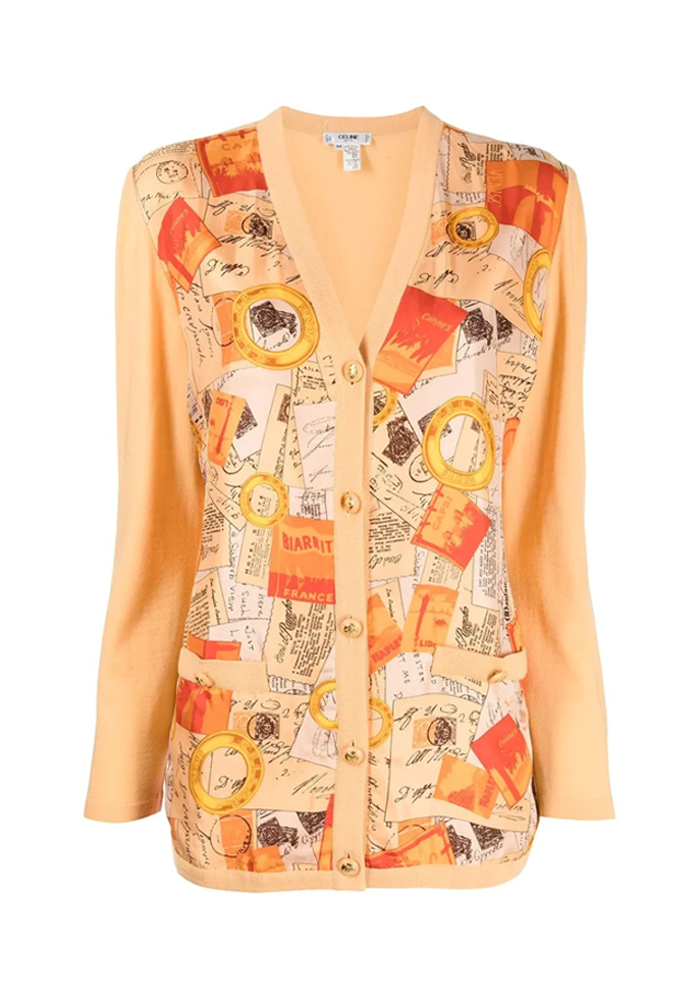 Celine Postcard Print Silk Cardigan blazer in vibrant orange, featuring a sleek design and smooth silk fabric.